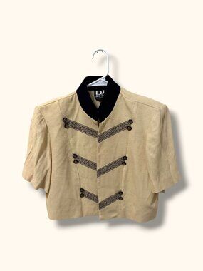 DJ & Co Jacket Womens 10 Cropped Military Style Embroidered Short Sleeve Beige